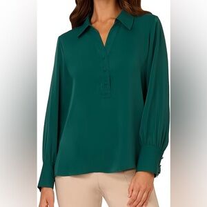 Women's Green Diffusion Long Sleeve Open V-neck Collar Silky Woven Blouse